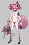  1girl animal_ears arknights book fox_ears fox_girl fox_tail glaring high_heels kees knife leggings looking_at_viewer nipples panties pink_hair red_eyes shamare_(arknights) stuffed_toy tail twintails underwear 