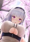  1girl amano_kusatsu azur_lane bangs black_hairband blunt_bangs blush breasts center_frills cherry_blossoms commentary_request day dido_(azur_lane) earrings eyebrows_visible_through_hair from_below hairband highres jewelry large_breasts long_hair looking_at_viewer looking_down maid outdoors pov purple_eyes shirt silver_hair solo spring_(season) tree underboob underboob_cutout white_shirt 