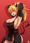  1girl absurdres arms_behind_head bangs blonde_hair breasts cleavage cowboy_shot dorohedoro dumpling food gloves hair_between_eyes highres horns jmg large_breasts long_hair looking_at_viewer nikaidou_(dorohedoro) ponytail red_background red_eyes red_horns sideboob simple_background solo tail 