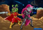  anthro beam_(structure) bucky_o&#039;hare bucky_o&#039;hare_(series) clothing duo female footwear fureverick gun hi_res high_heels jenny_(bucky_o&#039;hare) male male/female planet ranged_weapon rock shoes space wallpaper weapon 