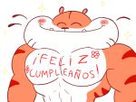  4:3 anthro biscotte_(keke) blush check_translation drawing eyes_closed felid keke_(artist) male mammal muscular muscular_male pantherine pecs simple_background smile solo spanish_text sparkles text tiger translated whiskers white_background 