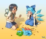  2girls absurdres axiaterraartunion bangs blue_eyes blush cirno covering_mouth hand_over_own_mouth highres hindsart multiple_girls nichijou pleated_skirt school_uniform seiza shinonome_nano shirt short_hair short_sleeves sitting skirt sweatdrop touhou white_shirt winding_key 