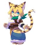  2019 5_fingers anthro big_breasts blue_eyes bottomwear breasts clothed clothing cutoffs denim denim_clothing duxy123 felid female fingers fur green_scarf hair hi_res kemono looking_at_viewer mammal mia_(world_flipper) open_mouth open_smile pantherine pawpads shorts simple_background smile solo tiger tongue white_background yellow_body yellow_fur 