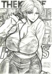  1girl alcohol arm_behind_back arm_over_shoulder bangs bottle bra breasts brick_wall cleavage collar curvy dress_shirt earrings english_commentary gloves greyscale jewelry king_(snk) lace lace_bra large_breasts looking_at_viewer mature monochrome pants parted_bangs see-through shirt short_hair skidrow smile the_king_of_fighters traditional_media underwear 