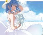  blue_eyes blue_hair clouds cropped dress hat hewsack hololive hoshimachi_suisei short_hair signed sky summer_dress wristwear 