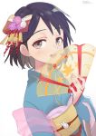  1girl :d bangs black_eyes black_hair blue_kimono blush bob_cut bow brown_eyes bunny_hair_ornament commentary dated fan flat_chest flower folding_fan hagoromo hair_bow hair_flower hair_ornament holding holding_fan idolmaster idolmaster_cinderella_girls japanese_clothes kimono leaf_print looking_at_viewer looking_to_the_side maple_leaf_print netsuke obi obijime open_mouth parted_bangs pink_flower pink_shawl raised_eyebrows ranyues sasaki_chie sash see-through shawl short_hair signature simple_background smile solo upper_body white_background yellow_obi yukata 