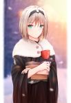  1girl 2020 an-94_(girls_frontline) blonde_hair crossed_arms flower fur girls_frontline green_eyes hairband happy_new_year highres japanese_clothes kimono leonardo_566 long_hair looking_at_viewer new_year rose simple_background snow snowing solo winter 