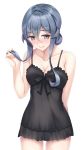  1girl absurdres black_nightgown blue_eyes blue_hair breasts collarbone gotland_(kantai_collection) hair_between_eyes hair_bun highres kantai_collection long_hair mole mole_under_eye nightgown playing_with_own_hair ruin_re_birth simple_background small_breasts smile solo white_background 
