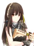  1girl bandaged_arm bandages black_gloves black_shirt brown_eyes brown_hair girls_frontline gloves gun headphones highres leonardo_566 long_hair looking_at_viewer m4a1_(girls_frontline) rifle shirt solo weapon white_background 