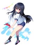  1girl absurdres ass black_footwear black_hair blue_buruma blush buruma commentary_request flag from_behind full_body gym_uniform highres kurimochi_chizuru legs long_hair looking_back original purple_eyes shirt shoes sneakers socks solo thighs white_footwear white_shirt 