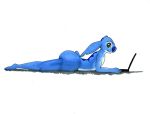  2020 alien anthro anthrofied back_markings big_butt big_ears black_eyes blue_body blue_fur blue_nose butt computer disney ears_down experiment_(lilo_and_stitch) fur head_markings head_tuft hi_res laptop lilo_and_stitch lovemet123 lying male markings notched_ear nude occipital_markings on_front pivoted_ears side_view simple_background small_tail solo stitch_(lilo_and_stitch) traditional_media_(artwork) tuft white_background 