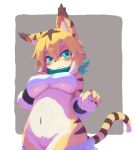  2020 5_fingers anthro big_breasts blue_eyes blush breasts clothed clothing duxy123 felid female fingers fur green_scarf kemono looking_at_viewer mammal mia_(world_flipper) navel nervous pantherine pants_down partially_clothed pawpads simple_background solo tiger under_boob yellow_body yellow_fur 