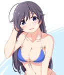  1girl ahoge bangs bikini black_hair blue_bikini blue_eyes breasts cleavage collarbone commentary dou-t eyebrows_visible_through_hair front-tie_bikini front-tie_top girls_und_panzer hand_on_own_head isuzu_hana long_hair looking_at_viewer medium_hair navel open_mouth skindentation smile solo swimsuit upper_body wet wet_hair 