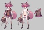  1girl animal_ears arknights fox_ears fox_girl fox_tail glaring high_heels id_card kees leggings looking_at_viewer panties pink_hair shamare_(arknights) stuffed_toy tail twintails underwear 