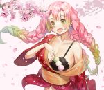  1girl absurdres bare_shoulders black_bra blush bra braid breasts cherry_blossoms cleavage collarbone commentary dango food gradient_hair green_eyes green_hair highres holding holding_food japanese_clothes kanroji_mitsuri kian kimetsu_no_yaiba kimono large_breasts long_hair long_sleeves looking_at_viewer mole mole_under_eye multicolored_hair off-shoulder_kimono open_mouth pink_hair red_kimono smile solo two-tone_hair underwear wagashi 