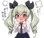  1girl absurdres anchovy_(girls_und_panzer) anzio_school_uniform bangs belt black_belt black_neckwear black_skirt blush clenched_hands commentary dress_shirt drill_hair fang frown fume girls_und_panzer green_hair highres long_hair long_sleeves looking_at_viewer miniskirt necktie ngetyan open_mouth pleated_skirt red_eyes school_uniform shirt simple_background skirt solo sweat tearing_up trembling twin_drills twintails upper_body white_background white_shirt 
