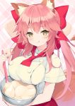  1girl absurdres alternate_costume animal_ear_fluff animal_ears bangs blush bow breasts cleavage commentary_request cream cream_on_face eyebrows_visible_through_hair fate/extra fate_(series) food food_on_face fox_ears fox_tail gedou_(shigure_seishin) hair_bow hair_ribbon highres holding large_breasts long_hair looking_at_viewer pink_hair ribbon smile solo tail tamamo_(fate)_(all) tamamo_no_mae_(fate) tongue tongue_out yellow_eyes 