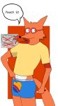  anthro bottomless canid canine clothed clothing dr.pepper english_text eyewear flaccid fox fox_e_flinn genitals goggles hi_res male mammal penis shirt simple_background solo southwest_airlines text topwear underwear vandalism 