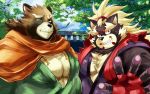  2020 anthro belly brown_body brown_fur canid canine detailed_background duo fur goemon_(tas) gyobu humanoid_hands kemono male mammal ohayashi55 one_eye_closed outside overweight overweight_male raccoon_dog scar tanuki tokyo_afterschool_summoners video_games wink 