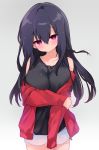  1girl absurdres black_hair black_tank_top braid breasts commentary_request grey_background highres jacket kurimochi_chizuru large_breasts long_hair off_shoulder original purple_eyes red_jacket short_shorts shorts simple_background solo tank_top white_shorts 