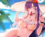  beach bikini braids breasts choker clouds cropped erect_nipples garter green_eyes hat long_hair necklace original popsicle purple_hair sky swimsuit wristwear xin_(moehime) 