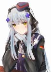  1girl 404 bangs blue_hair blush bow girls_frontline gloves green_eyes grey_gloves hair_bow hair_ribbon hairband hand_on_headset hat highres hk416_(girls_frontline) http_status_code leonardo_566 long_hair looking_at_viewer military military_hat military_uniform ribbon solo uniform white_background 