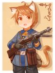  1boy absurdres ahoge androgynous animal_ear_fluff animal_ears brown_eyes brown_hair cat_ears cat_tail commentary eyebrows_visible_through_hair fang gun highres holding holding_gun holding_weapon looking_at_viewer military military_uniform original short_hair simple_background skin_fang solo submachine_gun suzushiro_(gripen39) tail uniform weapon 