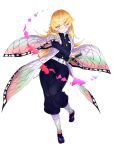  1girl absurdres bakemonogatari bare_shoulders blonde_hair cosplay full_body highres kimetsu_no_yaiba kochou_shinobu kochou_shinobu_(cosplay) long_hair monogatari_(series) mr.doukotsu namesake oshino_shinobu simple_background smile solo standing standing_on_one_leg sword weapon white_background yellow_eyes 