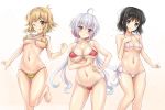  3girls ahoge bikini black_hair blonde_hair blush breasts closed_mouth collarbone eyebrows_visible_through_hair green_eyes groin hair_ornament hair_ribbon highres kohinata_miku large_breasts looking_at_viewer multiple_girls navel one_eye_closed purple_eyes r-binon red_bikini ribbon senki_zesshou_symphogear shiny shiny_hair shiny_skin short_hair simple_background smile standing standing_on_one_leg swimsuit swimwear tachibana_hibiki_(symphogear) tongue tongue_out twintails white_background white_bikini white_hair yellow_bikini yellow_eyes yukine_chris 