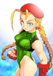  1girl ahoge antenna_hair ass beret blonde_hair blue_eyes braid breasts cammy_white fingerless_gloves gloves graphite_(medium) green_leotard hat highleg highres huge_ahoge leotard long_hair looking_at_viewer millipen_(medium) onnaski open_mouth solo street_fighter street_fighter_ii_(series) street_fighter_v thong_leotard traditional_media twin_braids 