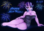  anthro big_breasts breasts cleavage clothed clothing dress equid female fireworks friendship_is_magic hi_res holidays horn lying mammal my_little_pony new_year on_side renegade-157 solo starlight_glimmer_(mlp) text unicorn wide_hips 