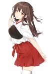  1girl :t akagi_(kantai_collection) brown_eyes brown_hair commentary_request cowboy_shot hakama hakama_skirt highres japanese_clothes kantai_collection long_hair looking_at_viewer muneate nanana_(sp6z7fa9) orange_eyes red_hakama simple_background solo straight_hair thighhighs white_background white_legwear 