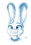  2016 anthro blue_and_white buckteeth bust_portrait clothed clothing disney earbuds fur headphones judy_hopps lagomorph leporid mammal monochrome portrait rabbit s-dash simple_background sketch smile solo teeth white_background zootopia 