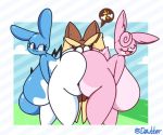  anthro azumarill between_butts big_butt bodily_fluids butt dewy-eyedboy female group head_between_cheeks lopunny male nintendo pok&eacute;mon pok&eacute;mon_(species) simple_background smile sweat video_games wigglytuff 