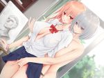  2girls blush bow breasts brown_hair fingering gray_eyes gray_hair long_hair no_bra nude open_shirt original piripun red_eyes school_uniform shirt short_hair skirt skirt_lift yuri 