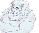  2020 anthro biceps cddi_h clothed clothing eyewear felid fur green_eyes hair lion male mammal mane mane_hair monocle muscular muscular_male nipples pantherine pecs pink_nipples pink_nose signature simple_background snow_(tas) solo tokyo_afterschool_summoners topless video_games white_background white_body white_fur 