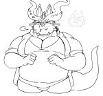  2020 anthro aretna belly blush bulge clothing cthugha_(tas) cute_fangs dragon eyes_closed hi_res humanoid_hands kemono male monochrome overweight overweight_male shirt simple_background solo_focus tokyo_afterschool_summoners topwear video_games 