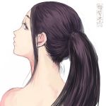  1girl artist_logo closed_mouth from_behind long_hair nape nude original ponytail purple_eyes shu-mai sideways_glance simple_background solo white_background 