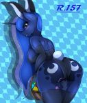 absurd_res anthro big_breasts big_butt blue_body bodily_fluids breasts bunny_costume butt clothing costume easter_egg equid female friendship_is_magic genital_fluids hi_res horn legwear looking_back mammal my_little_pony princess_luna_(mlp) pussy_juice rear_view renegade-157 sex_toy solo thigh_highs unicorn vaginal vibrator 
