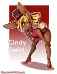  2020 ambiguous_gender anthro blonde_hair brown_body cindy_swirl clothing footwear hair hat headgear headwear high_heels kdhynamo lagomorph leaning leaning_forward leporid mammal rabbit shoes simple_background smile solo top_hat yellow_nose 