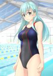  1girl absurdres alternate_costume aqua_eyes aqua_hair black_swimsuit breasts competition_swimsuit hair_ornament hairclip highres indoors kantai_collection long_hair looking_at_viewer medium_breasts multicolored multicolored_clothes multicolored_swimsuit one-piece_swimsuit parted_lips pool smile solo suzuya_(kantai_collection) swimsuit takafumi 