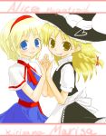  2girls absurdres alice_margatroid apron blonde_hair blue_eyes braid capelet character_name hat hat_ribbon heart highres interlocked_fingers izu kirisame_marisa multiple_girls puffy_short_sleeves puffy_sleeves ribbon sash short_hair short_sleeves smile teeth touhou witch_hat yellow_eyes 