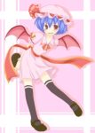  1girl bat_wings black_footwear black_legwear blue_hair commentary_request hat izu looking_at_viewer mary_janes mob_cap open_mouth puffy_short_sleeves puffy_sleeves red_eyes remilia_scarlet sash shoes short_hair short_sleeves smile solo thighhighs touhou wings zettai_ryouiki 