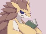  4:3 ambiguous_gender blue_eyes blush book brown_background eyewear glasses kajinchu nintendo pok&eacute;mon pok&eacute;mon_(species) reading sabari sandslash simple_background smile solo video_games 