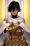  abs armor black_hair cape closed_mouth crossed_arms earrings fate/prototype fate_(series) faulds gauntlets gold hair_between_eyes hankuri jewelry looking_at_viewer navel ozymandias_(fate) smile solo striped striped_background white_cape yellow_background yellow_eyes 