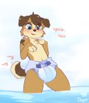  absurd_res anthro blue_eyes blush brown_body brown_fur canid canine canis diaper domestic_dog dreamyart freckles fur hi_res male mammal navel partially_submerged soaked_diaper solo standing tailwag water 