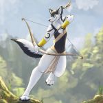  1:1 anthro arctic_wolf blue_eyes bow_(weapon) bunsanity_(artist) canid canine canis cheero claws clothing ear_piercing feathers forest hi_res hunter loincloth male mammal mountain piercing ranged_weapon solo tree weapon wolf 