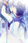 1boy against_wall blue_eyes blue_hair blue_nails blue_scarf coat digital_dissolve from_behind kaito looking_up male_focus nail_polish reaching scarf sinaooo smile upper_body vocaloid white_coat 