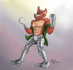  abs anthro arm_cannon black_nose canid canine clothed clothing cybernetics eye_patch eyewear five_nights_at_freddy&#039;s fox foxy_(fnaf) freddy_in_space_2 fur green_clothing green_topwear hi_res hook_hand inkart_flow machine male mammal muscular muscular_male nipples partially_clothed pink_nipples prosthetic prosthetic_leg prosthetic_limb red_body red_fur simple_background smile smirk smoke solo topwear video_games yellow_eyes 
