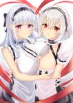  2girls anchor_choker apron azur_lane bangs bare_shoulders black_bow black_hairband black_skirt blunt_bangs blush bow breast_press breasts center_frills choker cleavage collarbone commentary_request dido_(azur_lane) dress eyebrows_visible_through_hair frilled_apron frilled_choker frilled_dress frilled_sleeves frills hair_between_eyes hair_bow hairband halterneck heart_ribbon highres hiruno_ushiro hug lace-trimmed_hairband large_breasts long_hair looking_at_viewer maid_apron multiple_girls parted_lips puffy_short_sleeves puffy_sleeves purple_eyes red_eyes red_ribbon ribbon shirt short_hair short_sleeves sidelocks silver_hair sirius_(azur_lane) skirt sleeveless sleeveless_shirt standing symmetrical_docking underboob underboob_cutout upper_body waist_apron white_apron white_background white_dress white_frills white_hair white_hairband white_shirt 